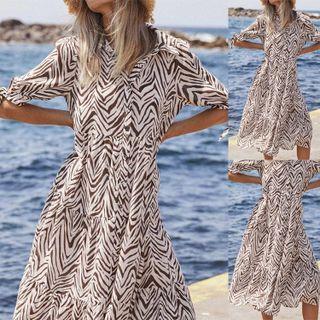 Short-sleeve Zebra Print Midi A-line Dress