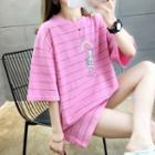 Oversize Elbow-sleeve Striped Printed T-shirt