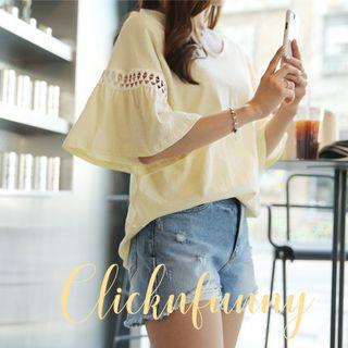 Perforated Ruffled Elbow-sleeve T-shirt