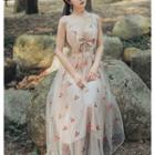 Cherry Embroidered Drawstring Sleeveless Midi A-line Dress