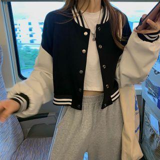 Color Panel Long-sleeve Cropped Baseball Jacket Black & White - One Size