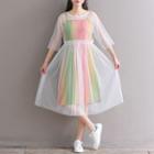 Set: Printed Strappy Dress + Mesh Short-sleeve A-line Dress