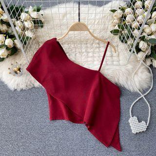 Asymmetrical Cold-shoulder Plain Crop Top