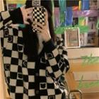 Bear Print Checkered Cardigan Black & White - One Size