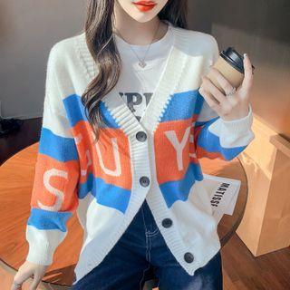 Lettering Striped V-neck Cardigan