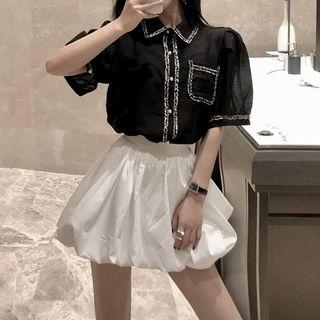 Set: Short-sleeve Contrast Trim Blouse + Mini A-line Skirt