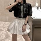 Set: Short-sleeve Contrast Trim Blouse + Mini A-line Skirt