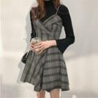 Spaghetti-strap Tie-waist Gingham Woolen A-line Dress