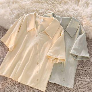 Short-sleeve Collar Asymmetrical Button-up Top