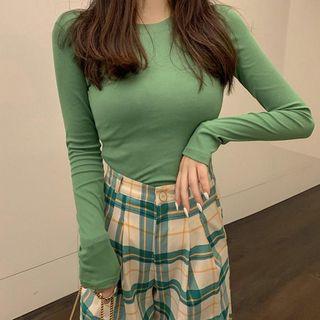Long-sleeve Plain Top / Plaid Wide Leg Pants