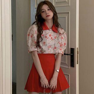Puff-sleeve Contrast Collar Floral Shirt / Pleated Mini A-line Skirt