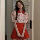 Puff-sleeve Contrast Collar Floral Shirt / Pleated Mini A-line Skirt