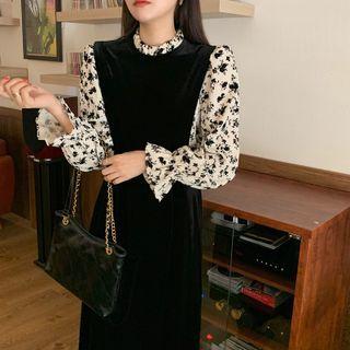 Mock Two Piece Bell-sleeve Floral Velvet Dress Black - One Size