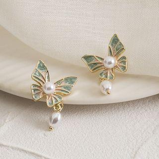 S925 Sterling Silver Butterfly Beaded Stud Earrings Green - One Size