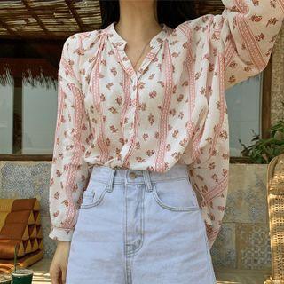 Lantern-sleeve Asymmetric Floral Shirt