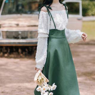 Set: Off-shoulder Long-sleeve Blouse + Midi A-line Jumper Skirt