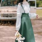 Set: Off-shoulder Long-sleeve Blouse + Midi A-line Jumper Skirt
