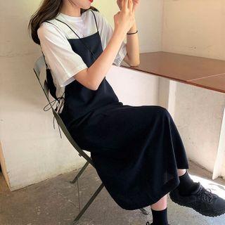 Short-sleeve T-shirt / Spaghetti Strap Midi Pinafore Dress