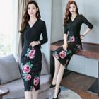 Set: Long-sleeve Top + Floral Midi Straight Fit Skirt