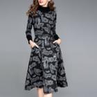 Turtleneck Long-sleeve Floral Print Prom Dress