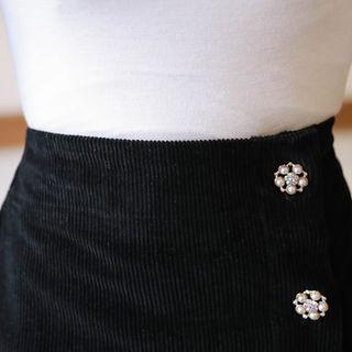Embellished Button Corduroy Wrap-front Skirt