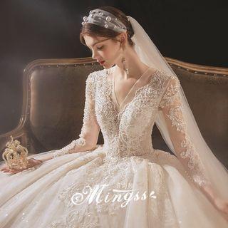 Long-sleeve Beaded Mesh A-line Wedding Gown