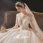 Long-sleeve Beaded Mesh A-line Wedding Gown