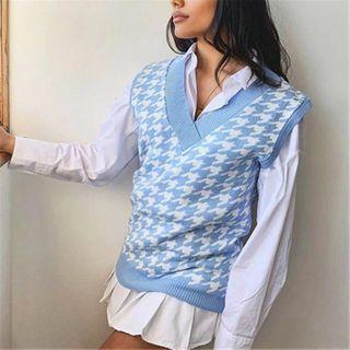 Houndstooth Knit Vest Blue - One Size