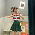 Set: Stripe Knit Top + Mini Flare Skirt Stripe & Green - One Size