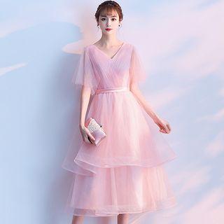 Short-sleeve Tiered Midi Mesh Prom Dress