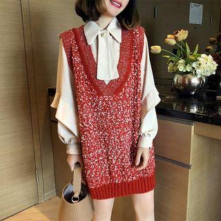 Melange V-neck Long Knit Vest