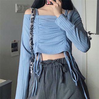 Square-neck Plain Skinny Drawstring Knitted Long-sleeve Crop Top / Plain Wide-leg Pants