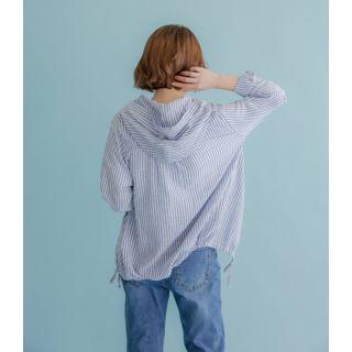 Hooded Drawstring-hem Stripe Shirt