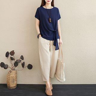 Plain Short-sleeve Twist Blouse / Cropped Harem Pants / Set
