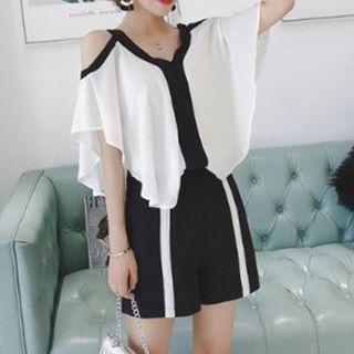 Set: Elbow-sleeve Cold Shoulder Chiffon Top + Shorts