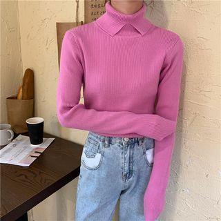 Slit Turtleneck Plain Ribbed Sweater