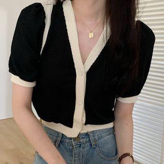 Puff-sleeve V-neck Contrast Trim Knit Top