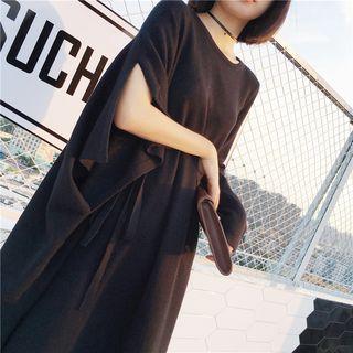 Asymmetric-sleeve Tie-waist Knit Dress