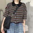 Elbow-sleeve Striped Buttoned Knit Top
