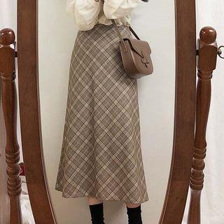 Long-sleeve Shirt / Knit Vest / Plaid Midi A-line Skirt