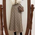 Long-sleeve Shirt / Knit Vest / Plaid Midi A-line Skirt
