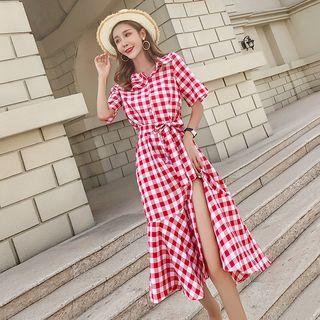 Short-sleeve Plaid Midi Mermaid Dress