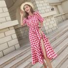 Short-sleeve Plaid Midi Mermaid Dress