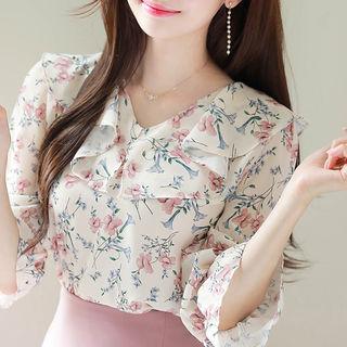 Ruffle-collar Tie-cuff Floral Blouse