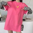 Crescent Print Long-sleeve Mock Two-piece T-shirt As Shown In Figure - One Size