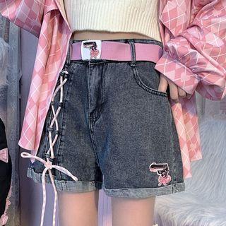 Set: Lace Up Embroidered Denim Shorts + Belt
