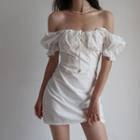 Plain Off-shoulder Puff-sleeve Lace-up Dress