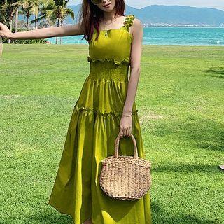 Plain Ruffle Trim Wide Strap Midi A-line Dress