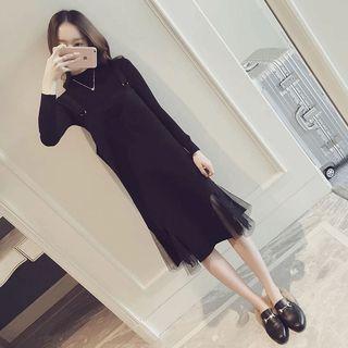 Set: Long-sleeve Top + Midi Pleated Pinafore Dress