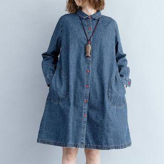 Pocketed Denim Shirt Dress Blue - One Size